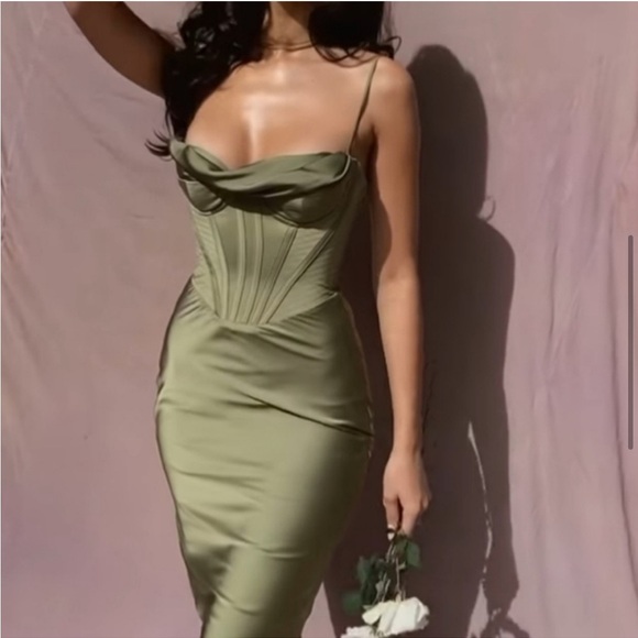 House of CB Myrna Satin Corset Slip Dress Olive Coquette Baddie Cocktail size L - Picture 13 of 16